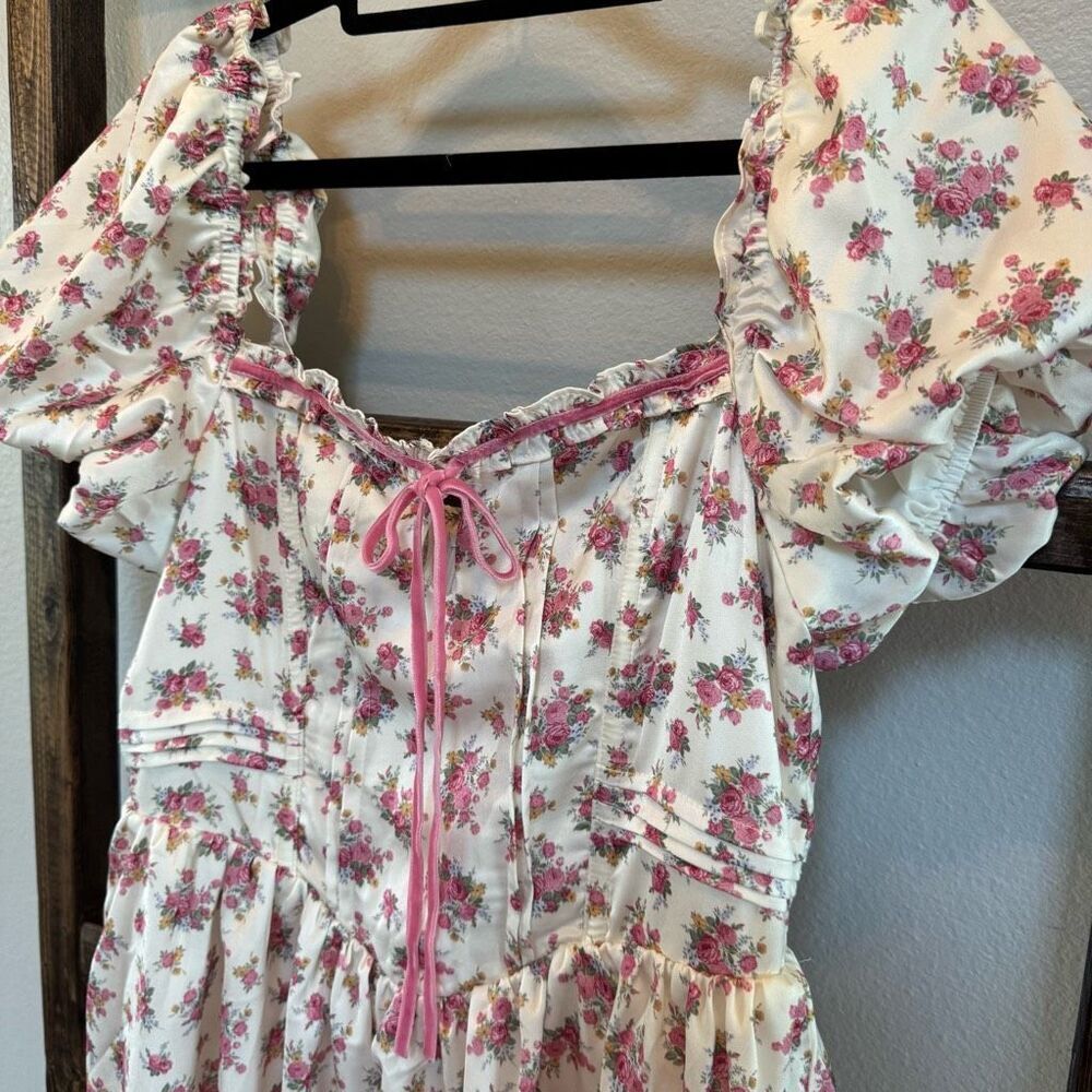 For Love & Lemons Etienne Mini Dress Medium Floral Coquette Corset Puff NWT - Picture 6 of 9